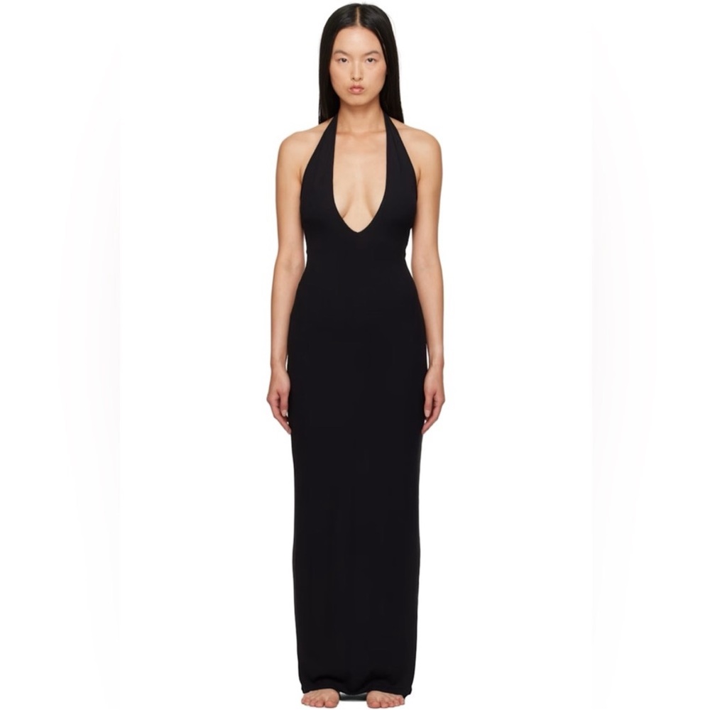 SKIMS Black Deep Plunge Halter Dress
